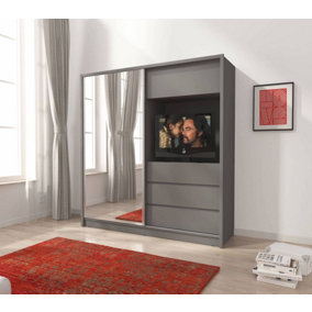 Contemporary 1 Mirrored Sliding Door Wardrobe TV Area 2 Shelves 1 Rail 3 Drawers 1 Cabinet Grey Matt (H)2140mm (W)2040mm (D)600mm