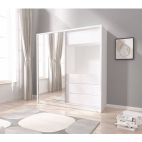 Contemporary 1 Mirrored Sliding Door Wardrobe TV Area 2 Shelves 1 Rail 3 Drawers 1 Cabinet White Matt (H)2140mm (W)2040mm (D)600mm