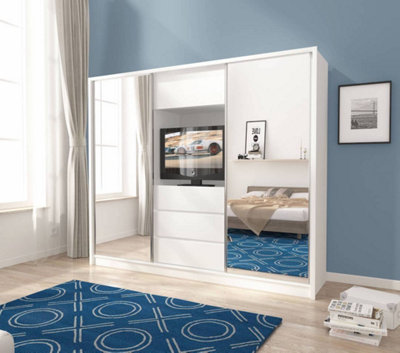 Contemporary 2 Mirrored Sliding Door Wardrobe TV Area 6 Shelves 1 Rail 3 Drawers 1 Cabinet White Matt (H)2140mm (W)2540mm (D)600mm