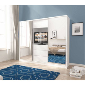 Contemporary 2 Mirrored Sliding Door Wardrobe TV Area 6 Shelves 1 Rail 3 Drawers 1 Cabinet White Matt (H)2140mm (W)2540mm (D)600mm