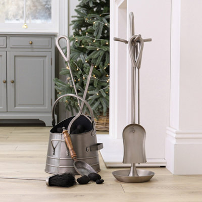 Contemporary 4pc Fireside Companion Set 90cm with Coal Bucket and Matches Canister
