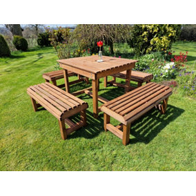 Contemporary 8 Seater Garden Table and Bench Set - Timber - L150 x W150 x H75 cm - Fully Assembled