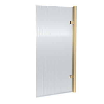 Contemporary 8mm Toughened Safety Glass Square Hinged Fluted Bath Screen - 1520 x 830 x 24mm - Brushed Brass