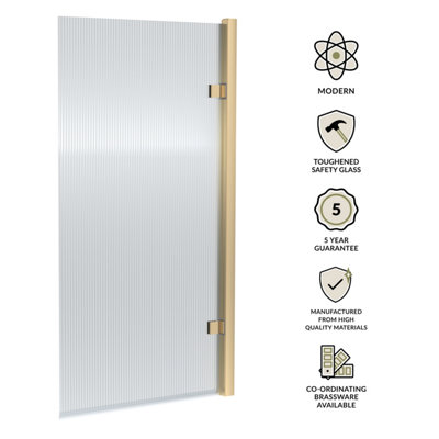 Contemporary 8mm Toughened Safety Glass Square Hinged Fluted Bath Screen - 1520 x 830 x 24mm - Brushed Brass