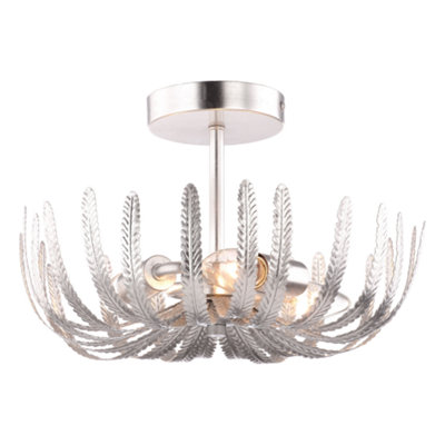 Contemporary and Ornate Silver Foil Semi Flush Ceiling Light with Fern Stems