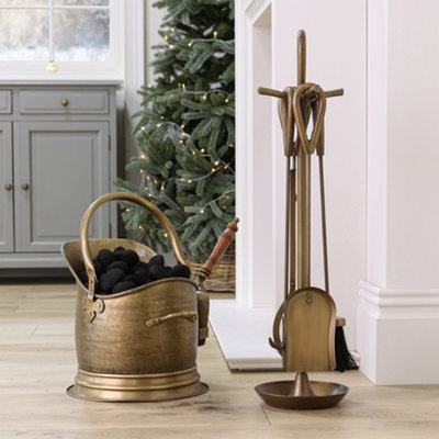 Contemporary Antique Brass Fireside 4 Piece Freestanding Companion Set with Coal Bucket and Shovel