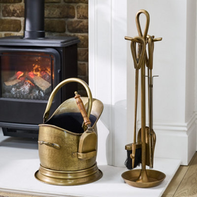 Contemporary Antique Brass Fireside 4 Piece Freestanding Companion