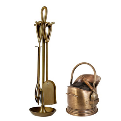Contemporary Antique Brass Fireside 4 Piece Freestanding Companion Set with Coal Bucket and Shovel