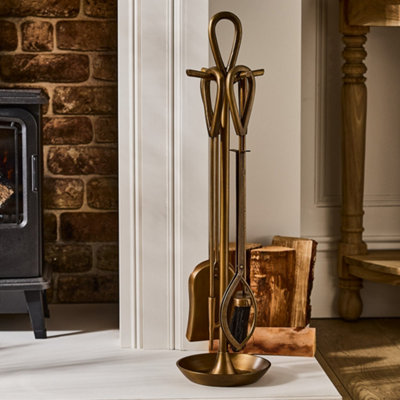 Contemporary Antique Brass Fireside 4 Piece Freestanding Companion