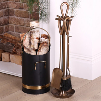 Contemporary Antique Brass Fireside 4 Piece Freestanding Companion Set with Kindling Log Bucket