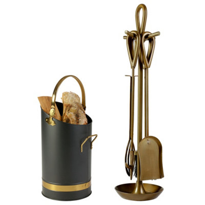 Contemporary Antique Brass Fireside 4 Piece Freestanding Companion Set with Kindling Log Bucket