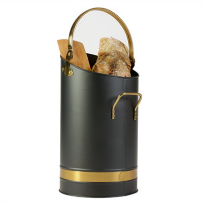 Contemporary Antique Brass Fireside 4 Piece Freestanding Companion Set with Kindling Log Bucket - 4
