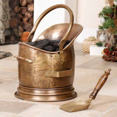 Contemporary Antique Brass Fireside 4pcs Freestanding Companion Set with Coal Bucket and Shovel - 4