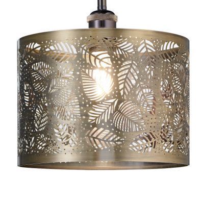Contemporary Antique Brass Metal Pendant Light Shade with Fern Leaf Decoration