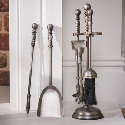 Contemporary Antique Pewter 4pc Freestanding Fireside Companion Set with Coal Bucket and Shovel - 5