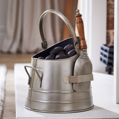 Contemporary Antique Pewter 4pc Freestanding Fireside Companion Set with Coal Bucket and Shovel - 6