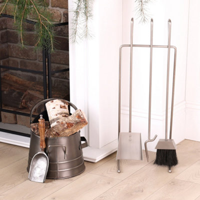 Contemporary Antique Pewter Fireside 3pc Freestanding Fireside Companion Set with Coal Bucket and Shovel