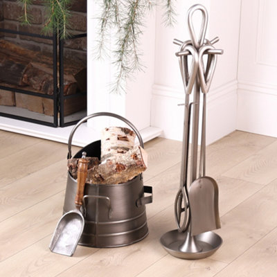 Contemporary Antique Pewter Fireside 4 Piece Freestanding Companion Set with Coal Bucket and Shovel