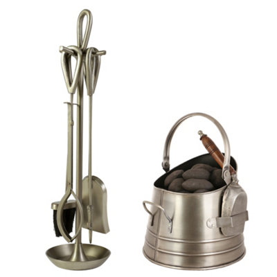 Contemporary Antique Pewter Fireside 4 Piece Freestanding Companion Set with Coal Bucket and Shovel