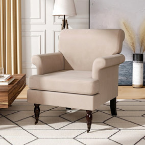 Contemporary Beige Velvet Upholstered Recliner Chair Armchair with Wood Legs and Front Casters