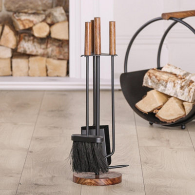 Contemporary Black Fireplace Wooden Base Fireside Companion Set with 3 Tools