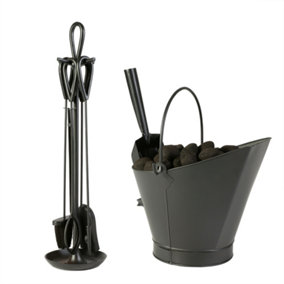 Contemporary Black Fireside 4pc Freestanding Companion Set 90cm with Coal Bucket and Scoop