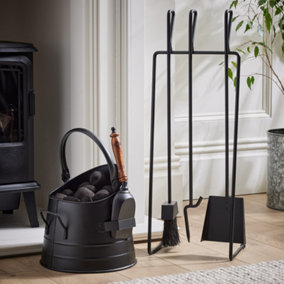 Contemporary Black Freestanding 3 Tools Fireside Companion Set with Log and Kindling  Bucket