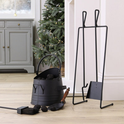 Contemporary Black Freestanding 3 Tools Fireside Companion Set with Log and Kindling  Bucket