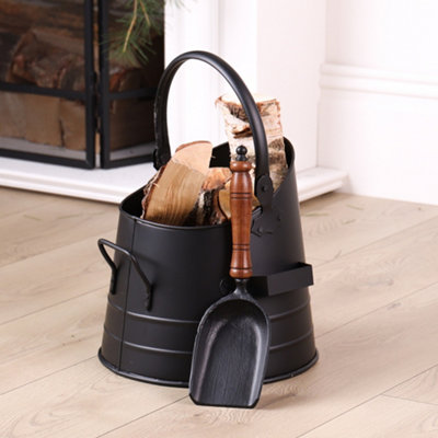 Contemporary Black Freestanding 3 Tools Fireside Companion Set with Log and Kindling  Bucket - 4