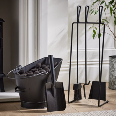 Contemporary Black Freestanding Fireplace Set with 3 Tools Companion Set with Coal Bucket and Scoop