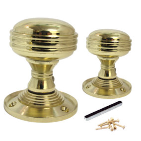Contemporary Brass Finish Reeded Mortice Lever Door Knobs Handles Pairs