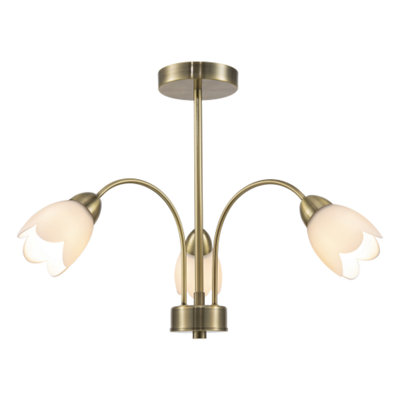 Contemporary Ceiling Lamp Fitting in Antique Brass with Opal Petal Glass Shades