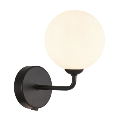 Contemporary Chic Matte Black Wall Light with Opal White Globe Glass Shade