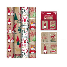 Contemporary Christmas Gift Wrapping Paper 4 x 4M Rolls & Tags Car Tree HoHoHo