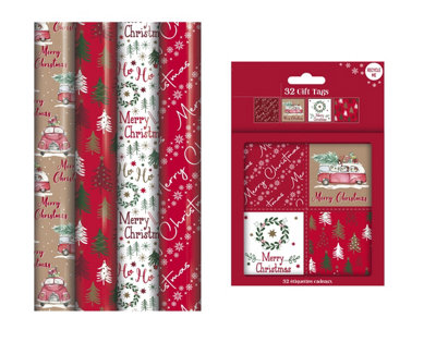 Contemporary Christmas Gift Wrapping Paper 4 x 7M Rolls & Gift Tags Camper Tree DIY at B&Q