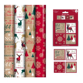 Contemporary Christmas Gift Wrapping Paper 4 x 7M Rolls Gift Tags Stag Snowflake