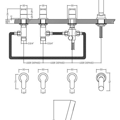 Contemporary Deck Mount Round 4 Tap Hole Bath Shower Mixer Tap with Kit (No Spout) Chrome