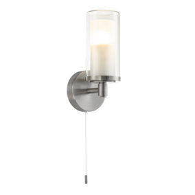 Contemporary Double Glass and Satin Nickel Metal Bathroom Wall Lamp IP44 Rated