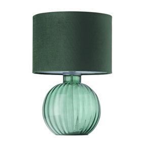 Contemporary Emerald Ribbed Glass Table Lamp with Forest Green Velvet Shade