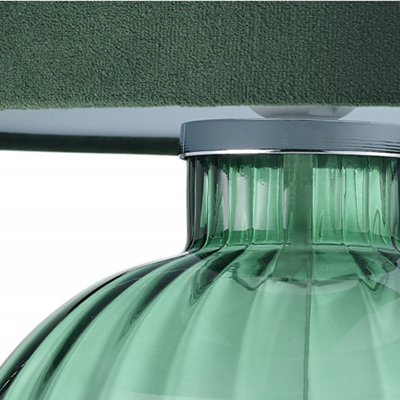 Contemporary Emerald Ribbed Glass Table Lamp with Forest Green Velvet Shade