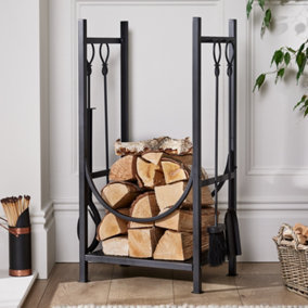 Contemporary Fireplace Freestanding Black Fireside Firewood Log Holder, Log Storage Rack with Companion Set