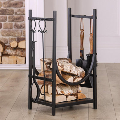 PloHearth - All-In-One Firewood Wood offers Rack with Fireplace Tool Set, Black