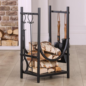 Contemporary Fireplace Freestanding Black Firewood Log Holder, Log Storage Rack with Companion Tools Set