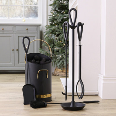 Contemporary Fireside 4pc Companion Set 75cm with Coal Bucket and Kindling Coal & Log Bucket