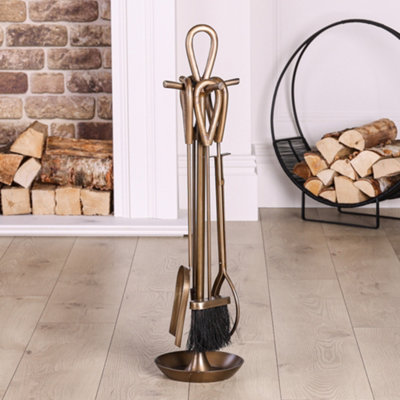 Contemporary Fireside 4pc Companion Set Freestanding Fireplace Tool Accessory Set Brass Antique Fire Set - 75cm High