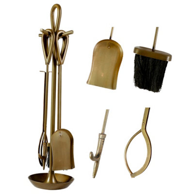 Contemporary Fireside 4pc Companion Set Freestanding Fireplace Tool Accessory Set Brass Antique Fire Set - 75cm High