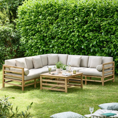 Contemporary Five Seater Summer Garden Sofa & Coffee Table Corner Couch Slatted Wood Outdoor Terrace Patio Lawn Decking Furniture