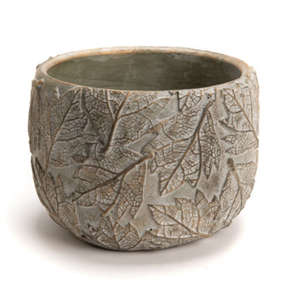 Contemporary Grey Leaf Embossed Large Flower Planter Indoor Outdoor Plant Pot (H) 14cm, (Dia)19cm