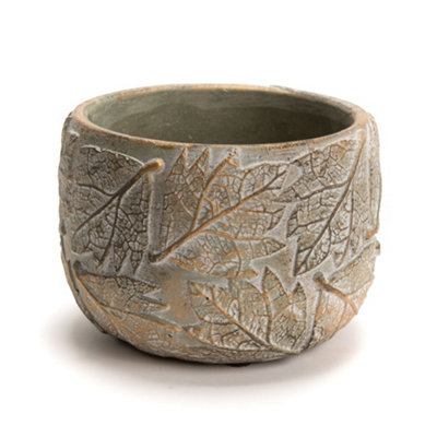Contemporary Grey Leaf Embossed Small Flower Planter Indoor Outdoor Plant Pot (H) 11cm, (Dia)16cm