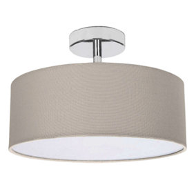 Contemporary Grey Linen Fabric Semi Flush Ceiling Light Fixture with Diffuser